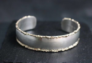 Sterling Silver & 14k Yellow Gold Cuff Bracelet, Fused Gold Edging, Organic Twig