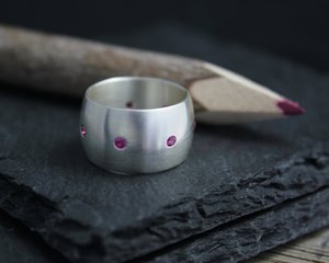 Pink Sapphire Band Ring, Wide Sterling Silver Band, Ruby Red Gemstone Ring, Ready to Ship Size 7