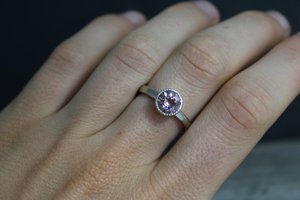 14k White Gold Morganite Ring, Round Bezel Halo Gemstone Ring, Alternative Engagement Ring, Eco-Friendly, Alternative Engagement Ring