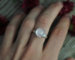 Rose Quartz Solitaire Ring in Sterling Silver, Heart Shape Prong, Claw Prong, Romantic, 10mm Gemstone, Pink Gemstone, Made to order