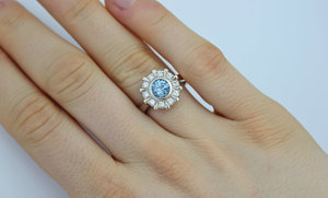 Blue Zircon and Diamond Ring, 14k White Gold Ring, Halo Ring, Flower Ring, Eco Friendly, Stackable, Unique Ring  Made to order ring