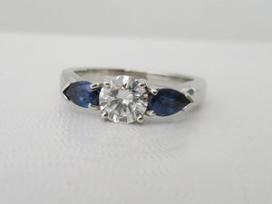 Vintage Inspired Engagement ring 14kt white gold Moissanite and sapphire ring