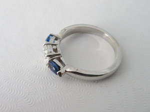 Vintage Inspired Engagement ring 14kt white gold Moissanite and sapphire ring
