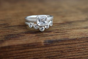 Sterling Silver White Topaz Five Stone Ring, Stacking Band, Tiara ring, Wedding Band, Shadow Contour Band, April Birthstone, Ready to Ship