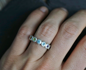 Rainbow Seven Stone Ring, Bezel Set Seven Stone Stacking Band, Anniversary Band, Love Wins, Ready to Ship Size 6.5