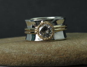 Sterling silver  14k yellow gold 6mm moissanite  10mm wide ring//wedding//engagment//