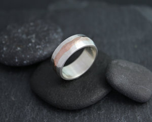 7mm Hammered Rose Gold and Silver Ring, 7mm Wedding Ring, Gold Inlay Men's Ring, Mixed Metal Ring, Eco Friendly Wedding Band, Made to Order