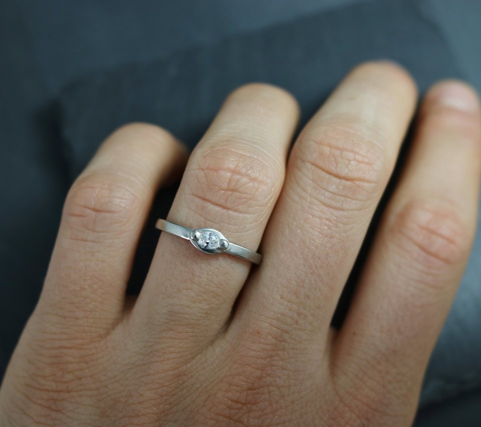 14k White Gold Marquise Diamond Ring, Wedding Ring, Stackable Ring, Modern, Mini