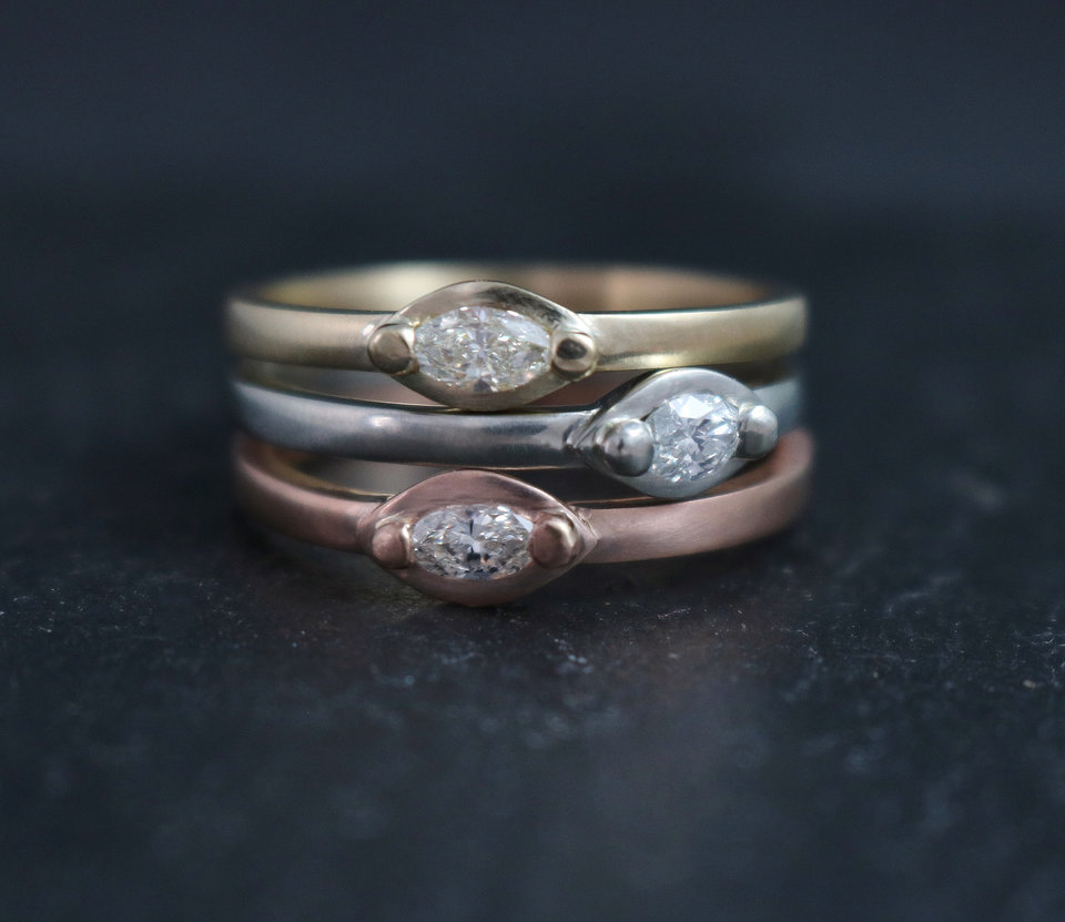 14k White Gold Marquise Diamond Ring, Wedding Ring, Stackable Ring, Modern, Mini