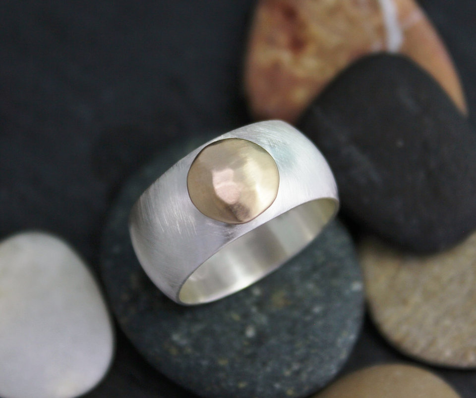 Gold Button Ring, Sterling Silver and 14k Yellow Gold, 10mm Wide Band Ring, Stackable Ring, Eco Friendly Ring, Ready to Ship