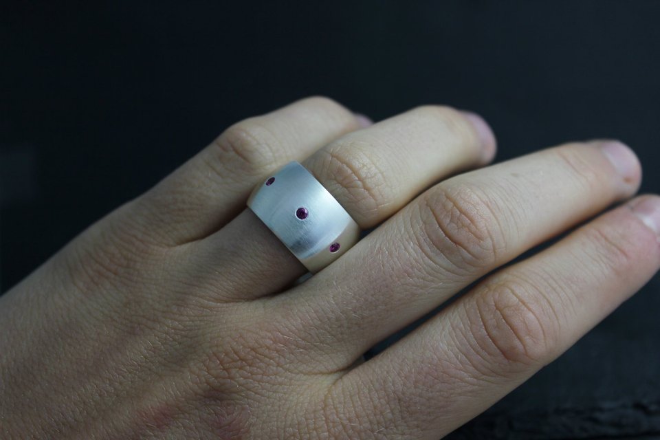 Pink Sapphire Band Ring, Wide Sterling Silver Band, Ruby Red Gemstone Ring, Ready to Ship Size 7