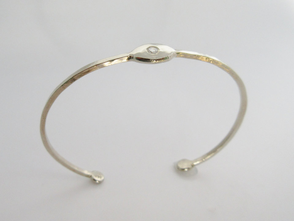 14k White Gold Diamond Cuff Bracelet, Handmade Solid Gold Cuff, Evil Eye Cuff Bracelet, Recycled Gold, Ready to Ship Bracelet