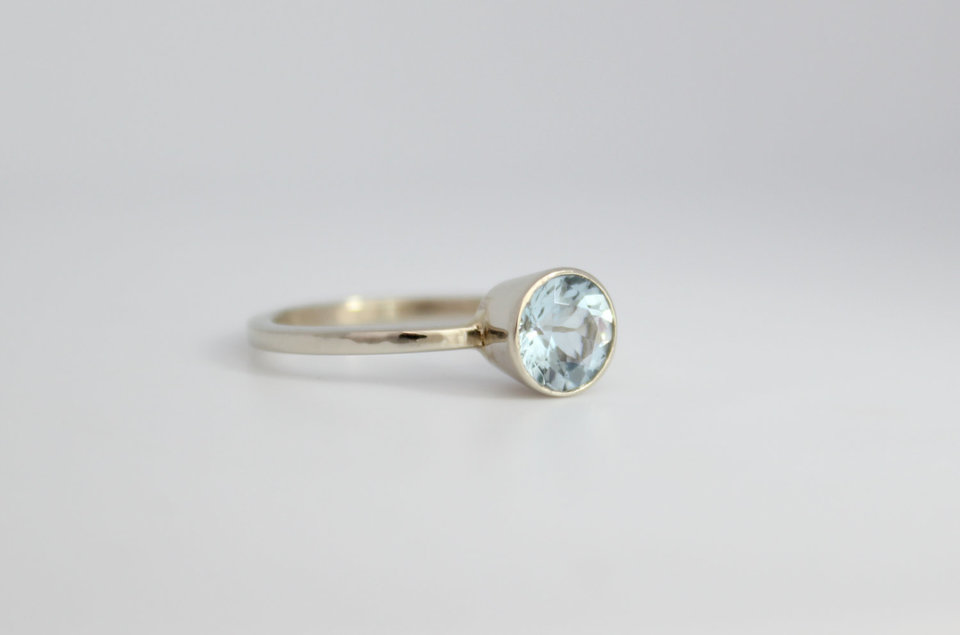 Aquamarine Bezel Set Ring - 14k White Gold Round Aquamarine Ring - Alternative Engagement Ring - Made to Order