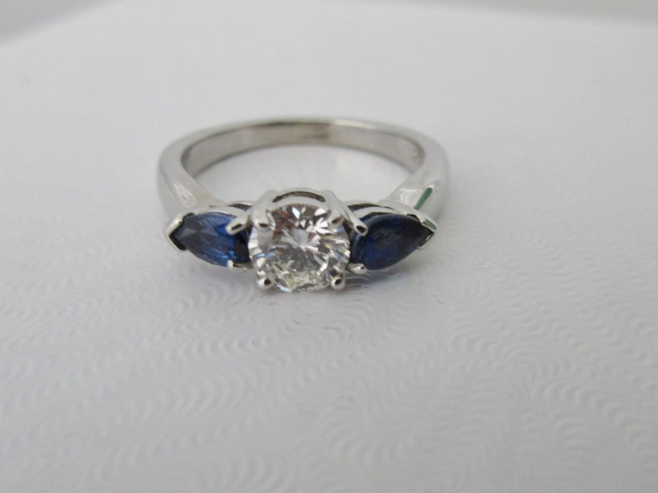 Vintage Inspired Engagement ring 14kt white gold diamond and sapphire ring