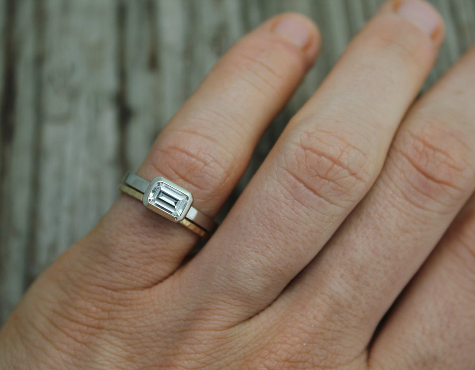 Moissanite and 14k White Gold Ring, Sideways Baguette Octagon, Simple Minimalist Engagement Ring, Conflict Free, Made to Order 6mm x 4mm