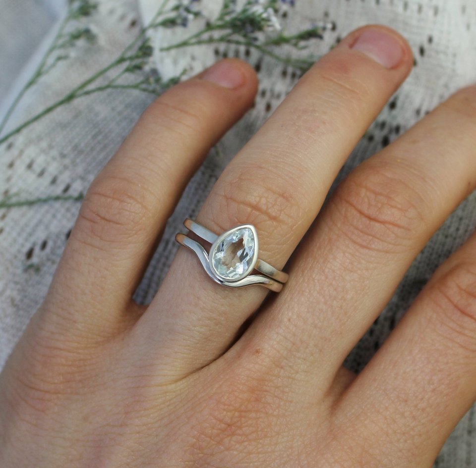 Sterling Silver Pear Shape White Topaz Ring, Solitaire White Topaz, 9 by 6 Pear Shape, Alternative Engagement Ring, Ready to Ship Size 6.5