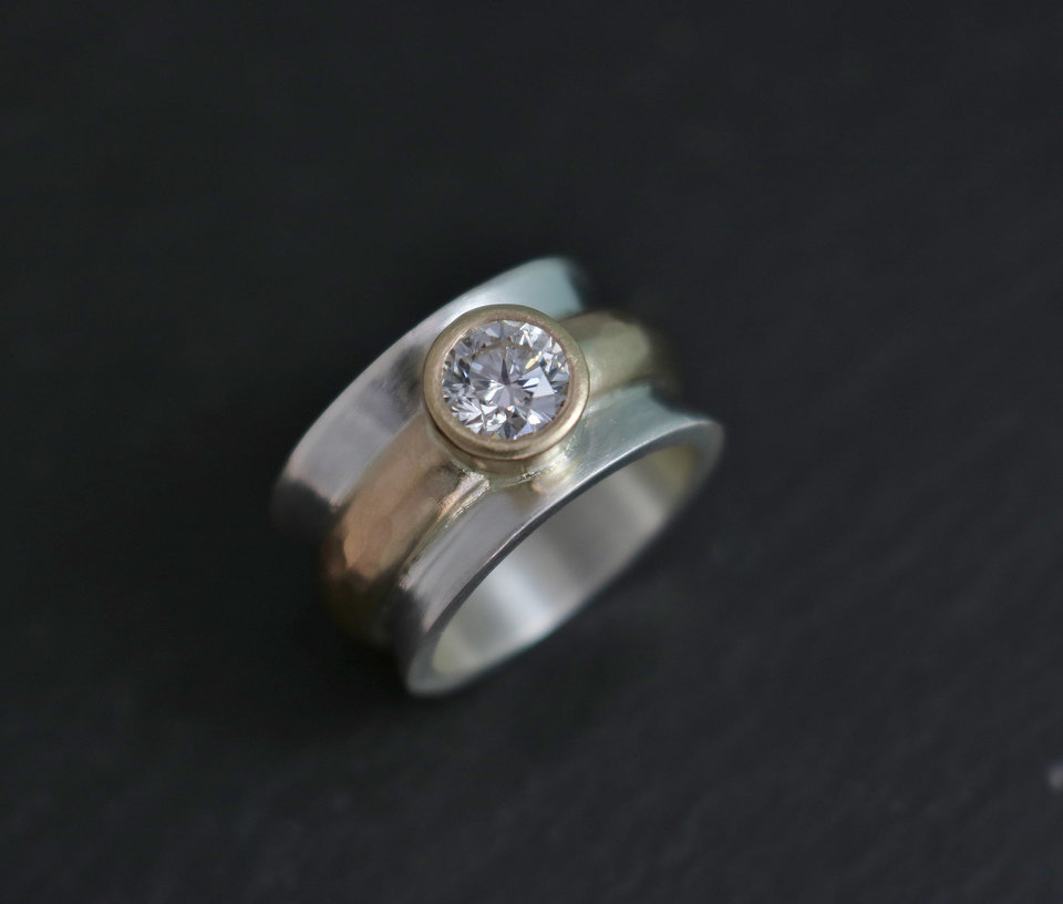 Moissanite in Silver and 14k Yellow Gold, 14k Yellow and Sterling Silver, Mixed Metals, Concave Ring, Bezel Set, Two Tone