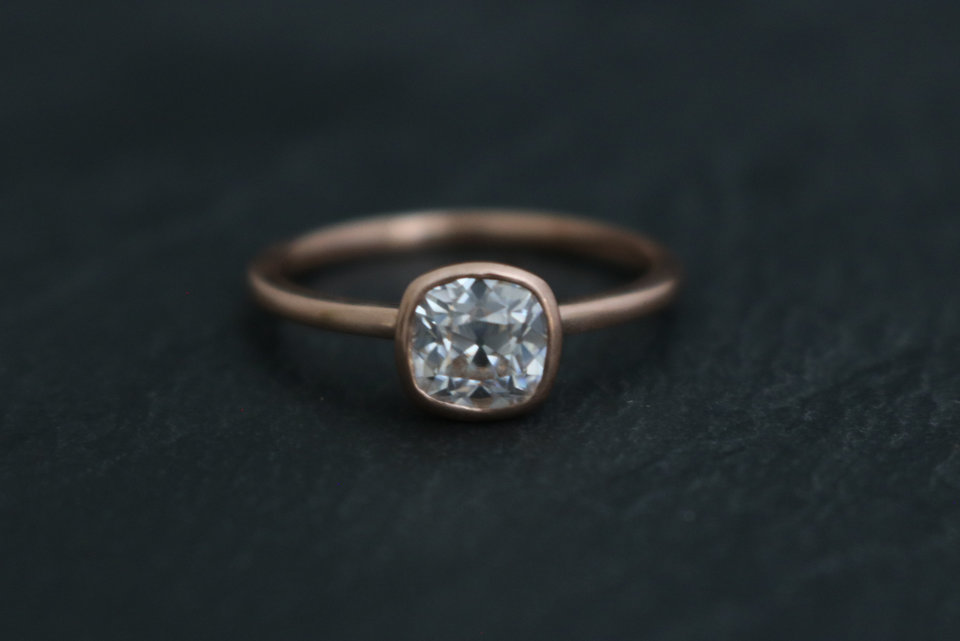 Old Mine cut cushion Moissanite 14k Rose Gold 6mm  Bezel Set  Diamond Alternative Engagement Ring, Made to order in 3-5 days