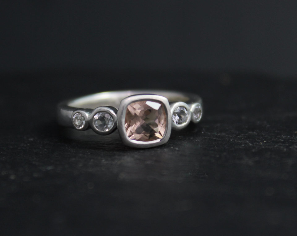 Morganite and White Topaz Ring, Sterling Silver Five Stone Ring, Solitaire with Accents, Cushion Cut Morganite,  Ready to Ship Size 6.75