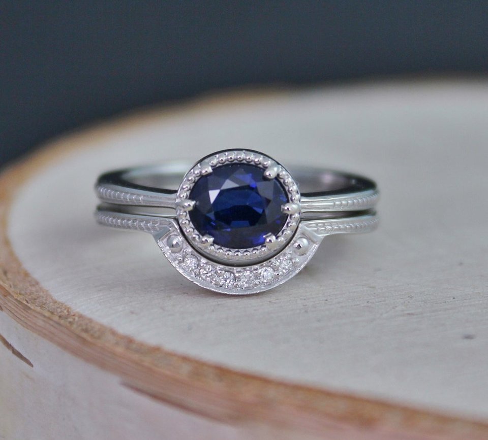 Oval Sapphire 14k White Gold Ring, Vintage Inspired East West Ring, Wedding Engagement Set, One of a Kind, Made to order