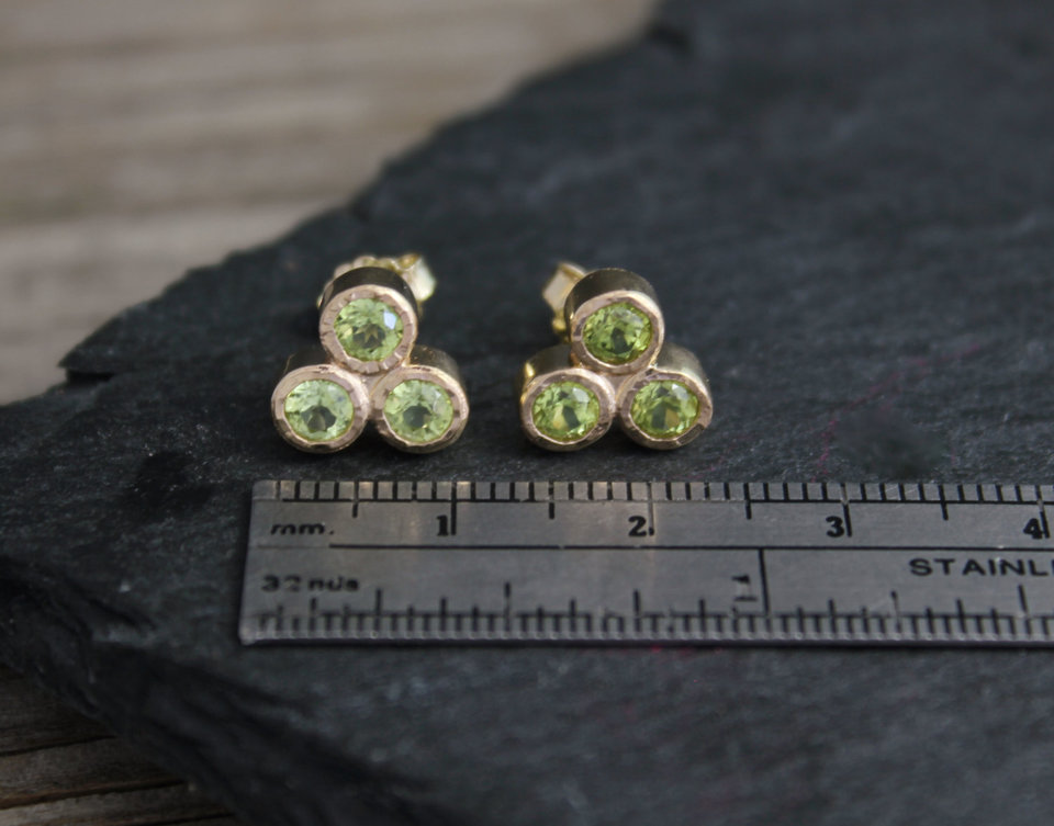 Peridot Trio Stud Earrings, Three Stone Studs, 14k Yellow Gold Earrings,  August Birthstone Earrings, Ready to Ship