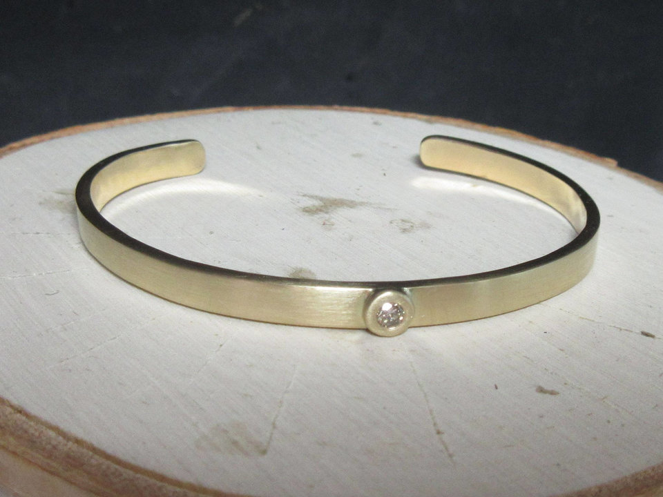 Solid 14k Yellow Gold Diamond Cuff Bracelet, Handmade Bracelet, Modern Cuff, One