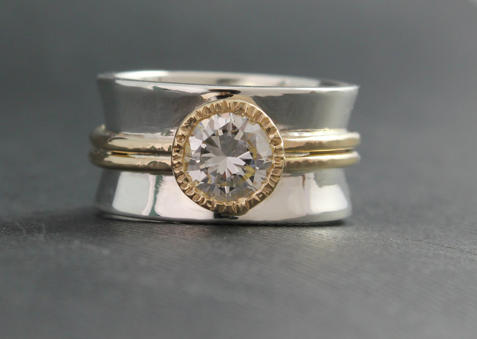 Sterling silver  14k yellow gold 6mm moissanite  10mm wide ring//wedding//engagment//