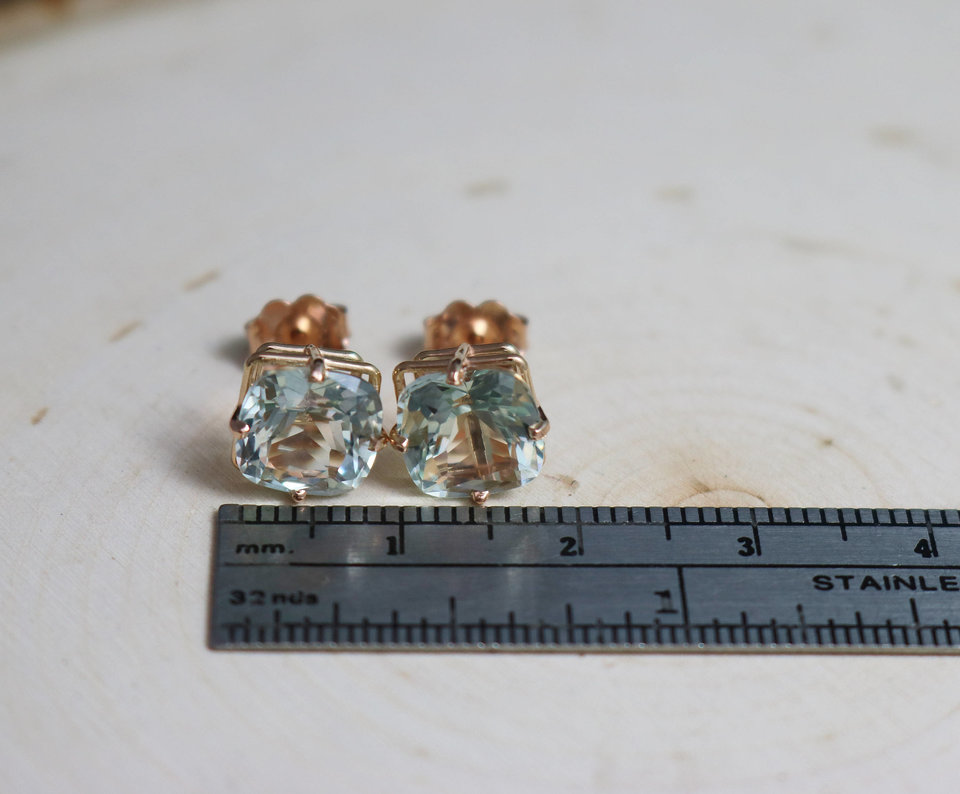 8mm Prasiolite 14k Rose Gold Stud Earrings, 8mm Cushion Cut, Green Amethyst, Soft Green Gemstone, Big Gemstone Studs,