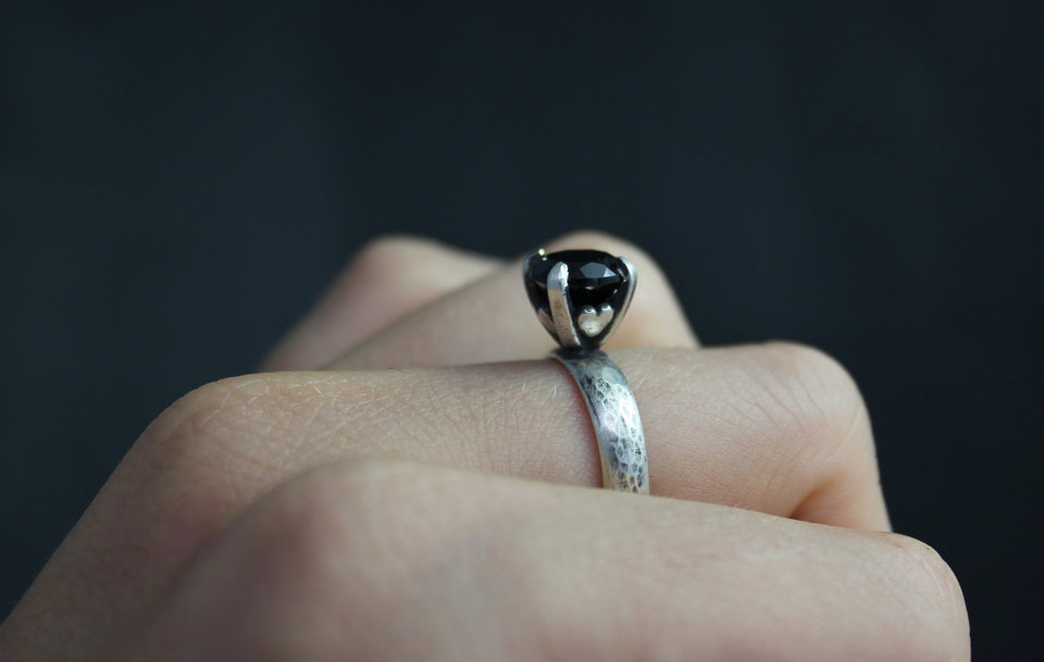 Black Spinel 8mm Romance Ring Heart Shape Prong Ring, Black claw Ring, Oxidized Sterling Silver Ring, Black Spinel Solitaire, Ready to Ship