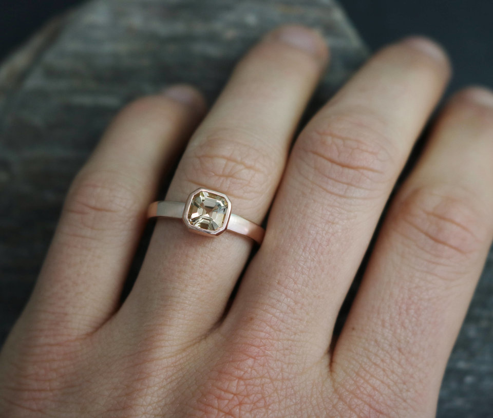 Asscher Cut Morganite in 14k Rose Gold, Bezel Set Morganite, Nontraditional Ring, One of a Kind, Peach Morganite 6mm, Made to order