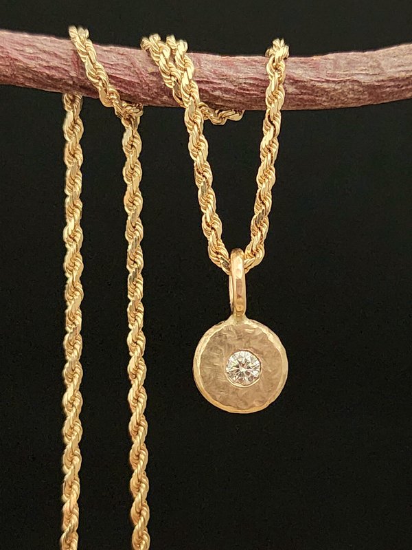 14k Gold Diamond Coin Pebble Necklace, Handmade Solid Gold Pendant, Gold Diamond