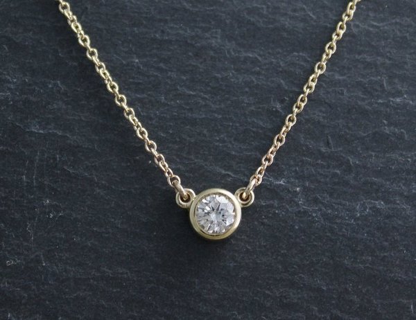 14k Yellow Gold Diamond Pendant Necklace, .29 Round Diamond, Bezel Set Diamond, Solitaire Necklace, Ready to Ship Neckwear