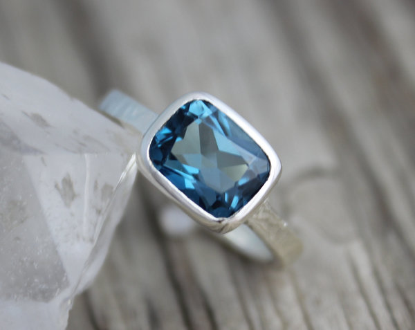 Sterling Silver bezel set ring//East West//london blue topaz 7mm x 9mm ring octagon emerald cut 7mm x 9mm  Made to order