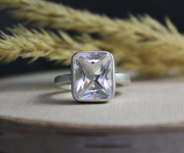 Radiant Cut White Topaz Ring, Sterling Silver Bezel Set Ring, Bling Ring, Glam Cocktail Ring, Ready to Ship Size 6.75