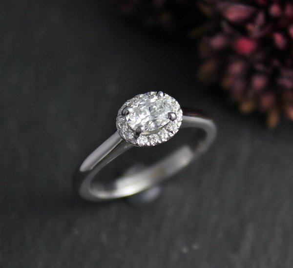 Oval Diamond Halo Ring in 14k White Gold, Sideways Oval Diamond, Diamond Engagement Ring, Vintage Inspired, Halo Ring, Made to Order