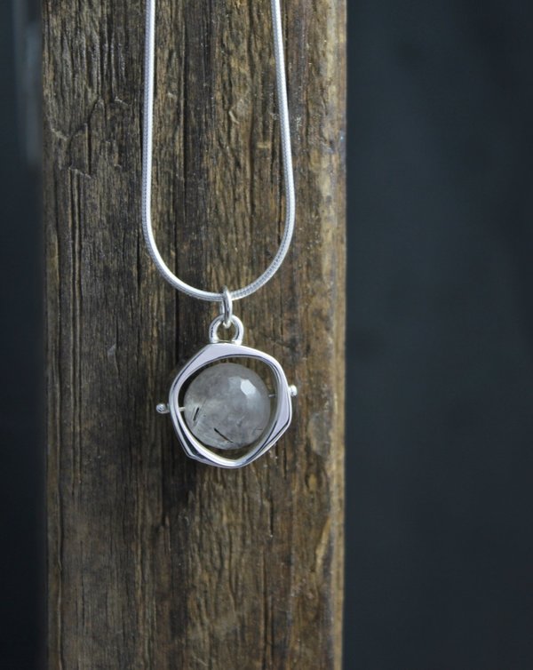 Rutilated Quartz Pendant, Spinning Ball Pendant, Sterling Silver, Spinning Bead Pendant, Simple Silver Necklace, Ready to Ship Neckwear