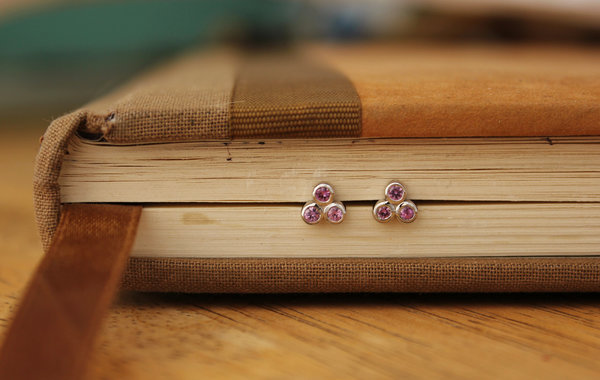 Pink Sapphire Three Stone Studs, 14k White Gold Studs, Pink Gemstone Earrings, Pink Trio Studs, Ready to Ship