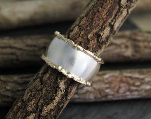 Gold Edged Ring, 14k Yellow Gold & Sterling Silver Ring, 12mm Wide Band, Organic Twig Ring, Wedding Band, Eco Friendly, Ready to Ship SZ 10