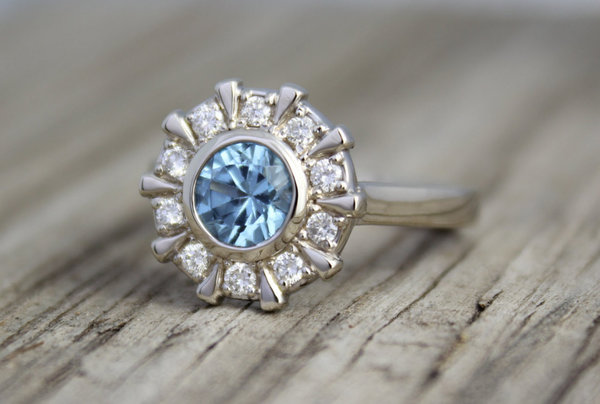 Blue Zircon and Diamond Ring, 14k White Gold Ring, Halo Ring, Flower Ring, Eco Friendly, Stackable, Unique Ring  Made to order ring
