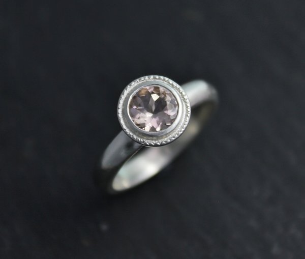 Morganite Ring, Halo Ring, Vintage Inspired Milgrain, 6mm Round Gemstone, Comfort Fit Ring, Low Profile Ring, Ready to Ship Size 6.5