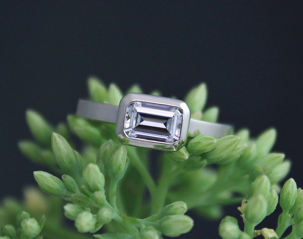 Moissanite and 14k White Gold Ring, Sideways Baguette Octagon, Simple Minimalist Engagement Ring, Conflict Free, Made to Order 6mm x 4mm