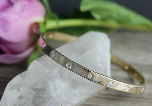 14k Yellow Gold Diamond Bangle Bracelet, Small-Medium Bangle Bracelet, Handmade