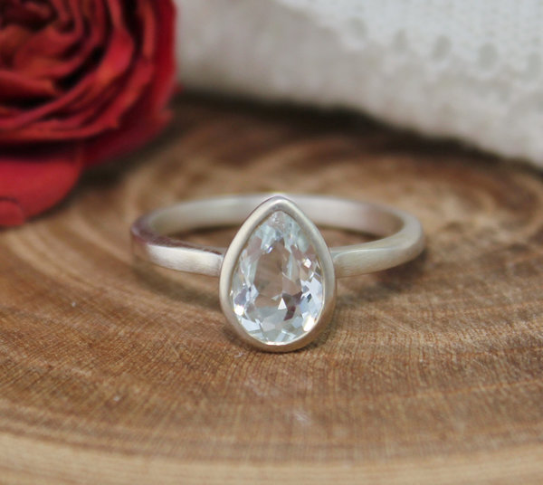 Sterling Silver Pear Shape White Topaz Ring, Solitaire White Topaz, 9 by 6 Pear Shape, Alternative Engagement Ring, Ready to Ship Size 6.5