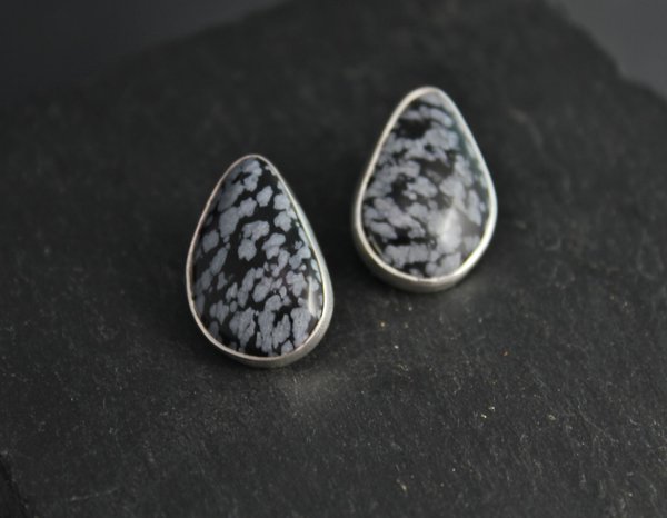 Snowflake Obsidian Gemstone Stud Earrings, Sterling Silver Earrings, 14k Gold Posts, Natural Gemstone, Ready to Ship Earrings