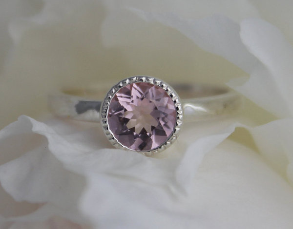Sterling Silver Morganite Ring // Round Bezel Halo Gemstone Ring // Alternative Engagement Ring // Eco-Friendly  made to order