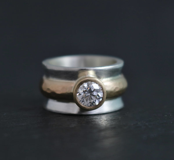 Moissanite in Silver and 14k Yellow Gold, 14k Yellow and Sterling Silver, Mixed Metals, Concave Ring, Bezel Set, Two Tone