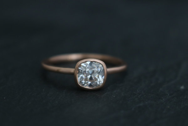 Old Mine cut cushion Moissanite 14k Rose Gold 6mm  Bezel Set  Diamond Alternative Engagement Ring, Made to order in 3-5 days