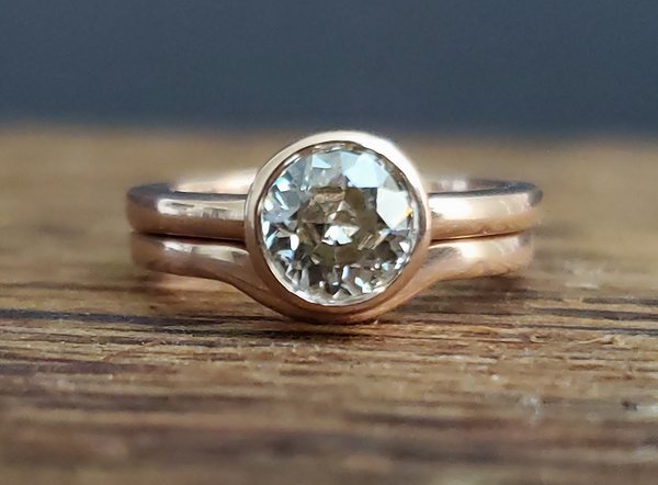 Moissanite peek a boo solitaire engagement ring solitaire 6mm old european cut round alternative engagement ring 14k rose gold, open bezel