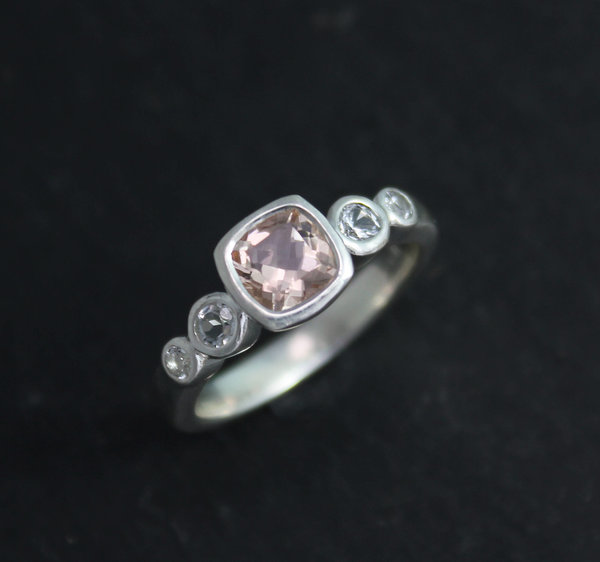 Morganite and White Topaz Ring, Sterling Silver Five Stone Ring, Solitaire with Accents, Cushion Cut Morganite,  Ready to Ship Size 6.75