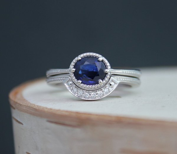 Oval Sapphire 14k White Gold Ring, Vintage Inspired East West Ring, Wedding Engagement Set, One of a Kind, Made to order